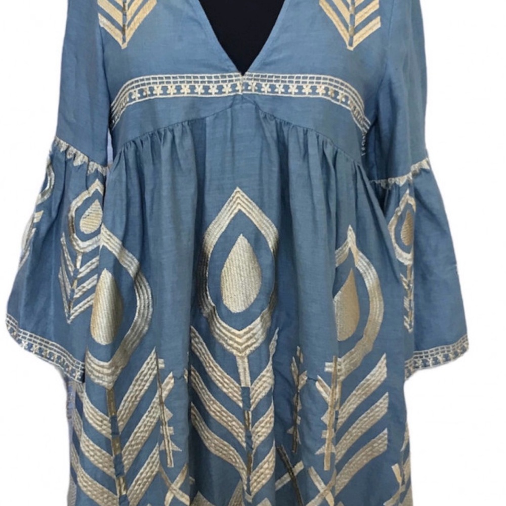 Kori Feather Short Dress Indigo Blue and Gold NWT